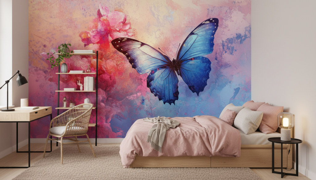 Papier Peint Artistique Papillon Bleu et Fleurs Roses Aquarelle - Chambre ado