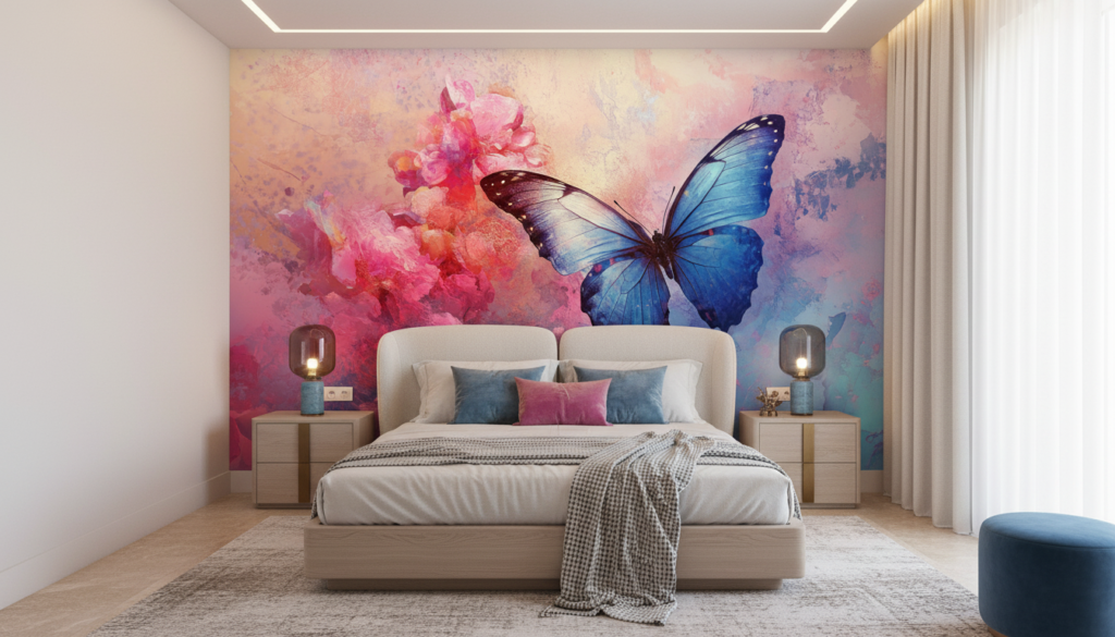 Papier Peint Artistique Papillon Bleu et Fleurs Roses Aquarelle - Chambre adulte