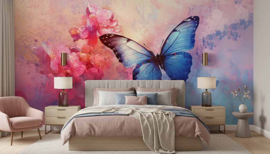 Papier Peint Artistique Papillon Bleu et Fleurs Roses Aquarelle - Chambre adulte