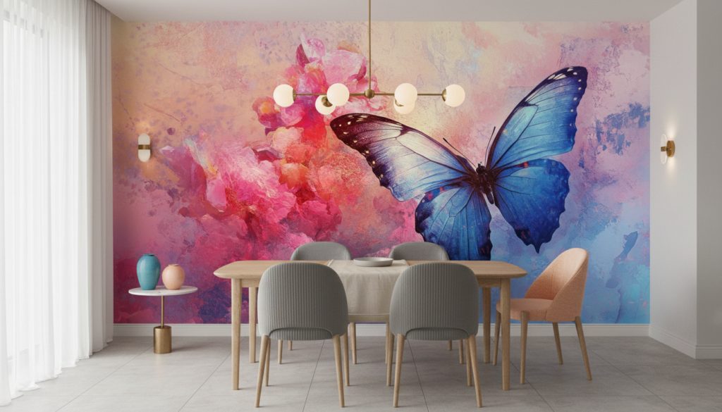 Papier Peint Artistique Papillon Bleu et Fleurs Roses Aquarelle - Salle à manger