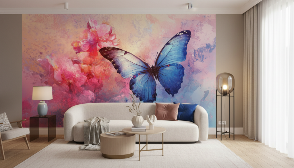 Papier Peint Artistique Papillon Bleu et Fleurs Roses Aquarelle - Salon / Séjour