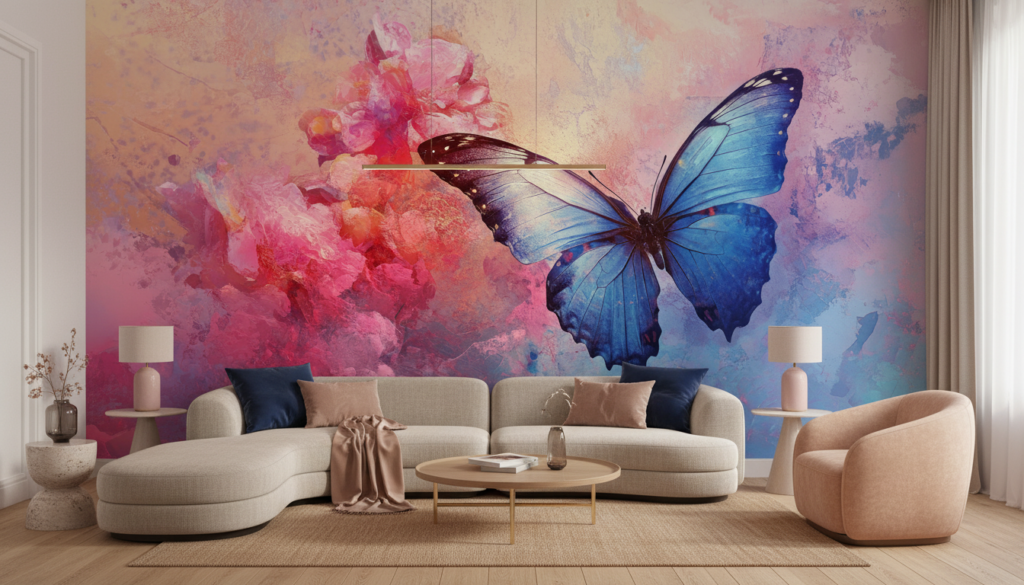 Papier Peint Artistique Papillon Bleu et Fleurs Roses Aquarelle - Salon / Séjour