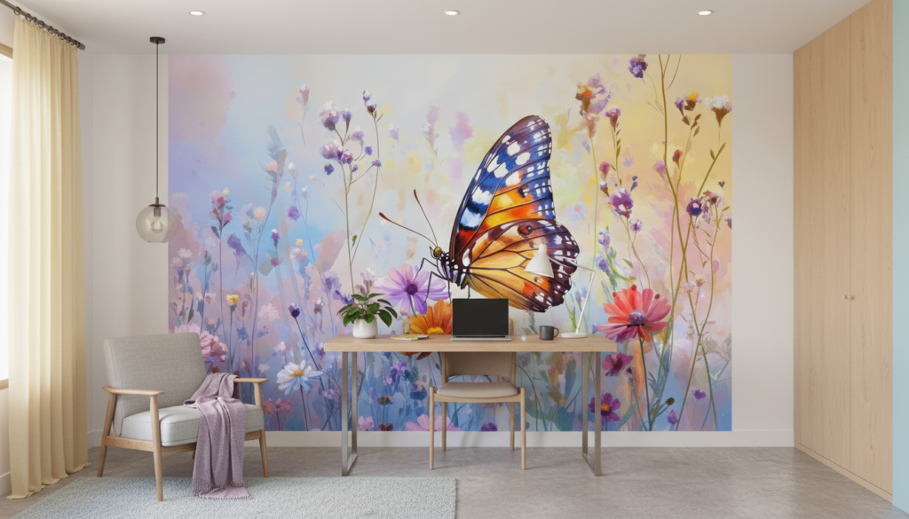 Papier peint artistique papillon coloré dans prairie fleurie - Bureau