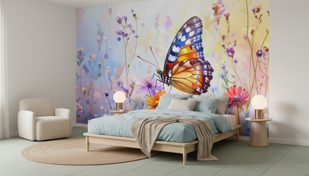 Papier peint artistique papillon coloré dans prairie fleurie - Chambre adulte