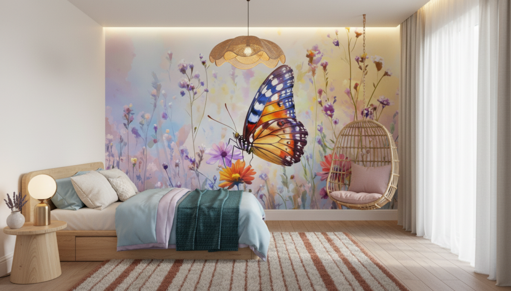Papier peint artistique papillon coloré dans prairie fleurie - Chambre enfant