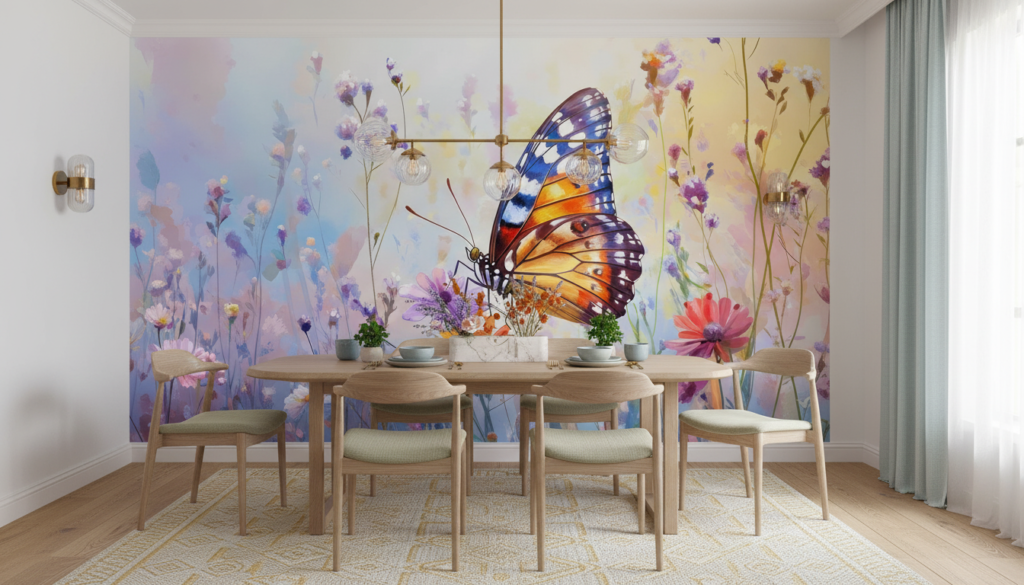 Papier peint artistique papillon coloré dans prairie fleurie - Salle à manger
