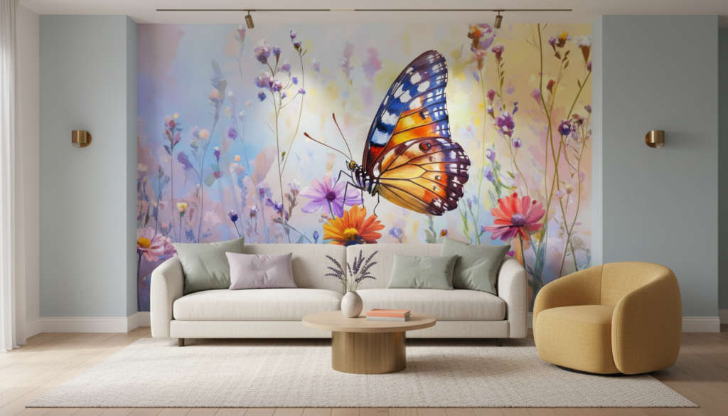 Papier peint artistique papillon coloré dans prairie fleurie - Salon / Séjour