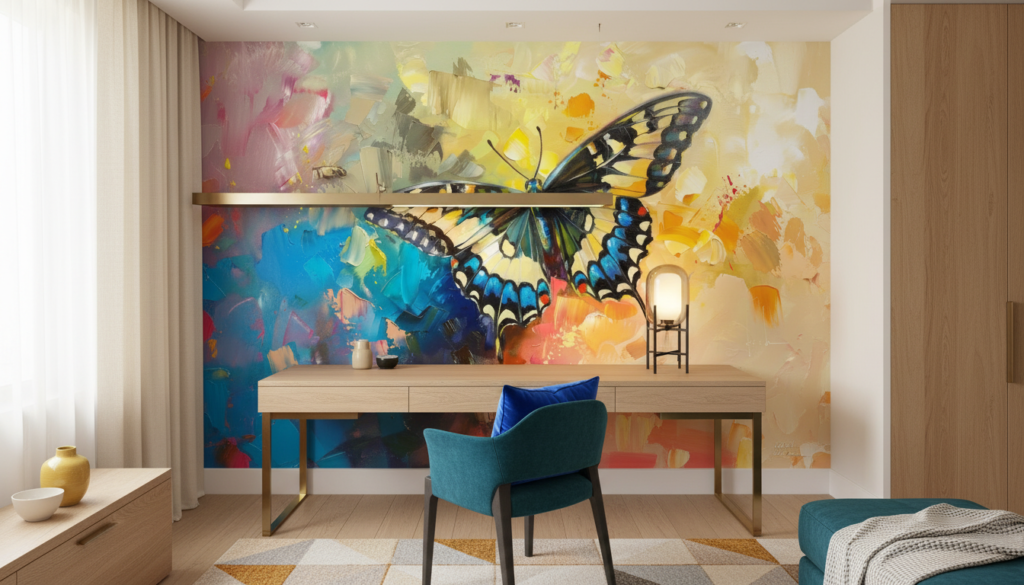 Papier peint artistique papillon coloré sur fond abstrait vibrant - Bureau