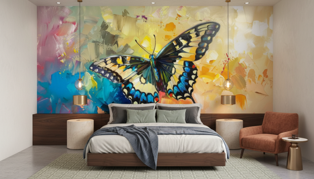 Papier peint artistique papillon coloré sur fond abstrait vibrant - Chambre adulte