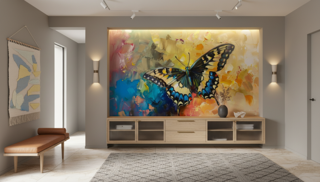 Papier peint artistique papillon coloré sur fond abstrait vibrant - Entrée