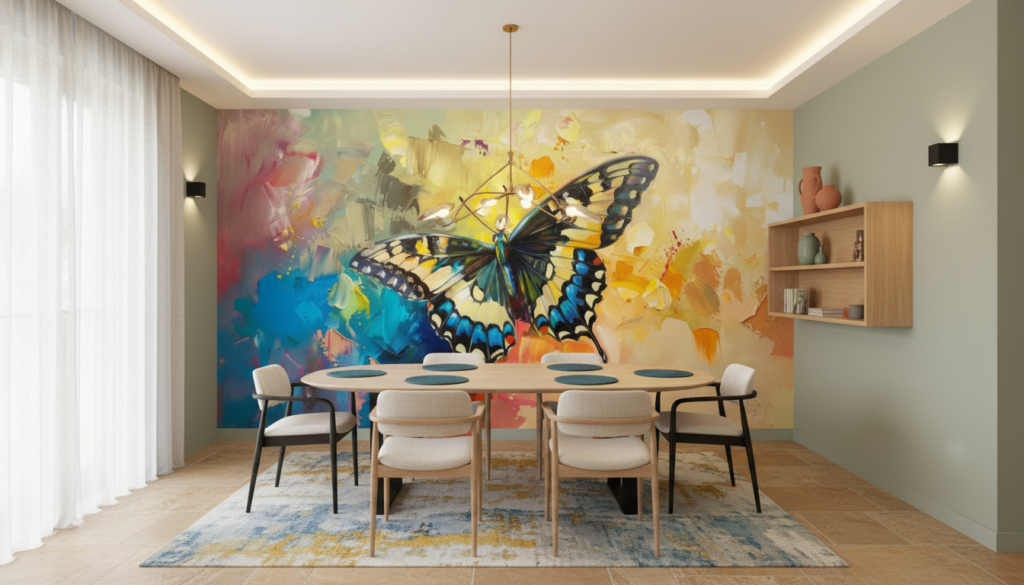 Papier peint artistique papillon coloré sur fond abstrait vibrant - Salle à manger