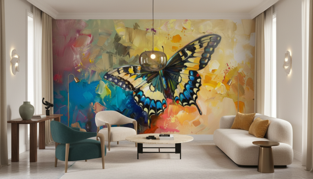 Papier peint artistique papillon coloré sur fond abstrait vibrant - Salon / Séjour