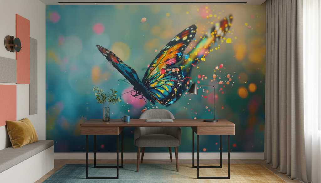 Papier peint artistique papillon multicolore effet peinture éclaboussures lumineuses - Bureau