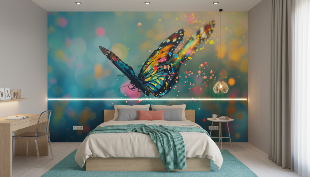 Papier peint artistique papillon multicolore effet peinture éclaboussures lumineuses - Chambre ado