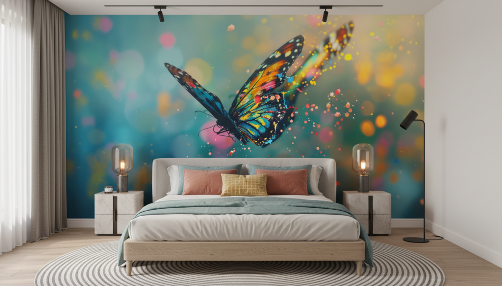Papier peint artistique papillon multicolore effet peinture éclaboussures lumineuses - Chambre adulte