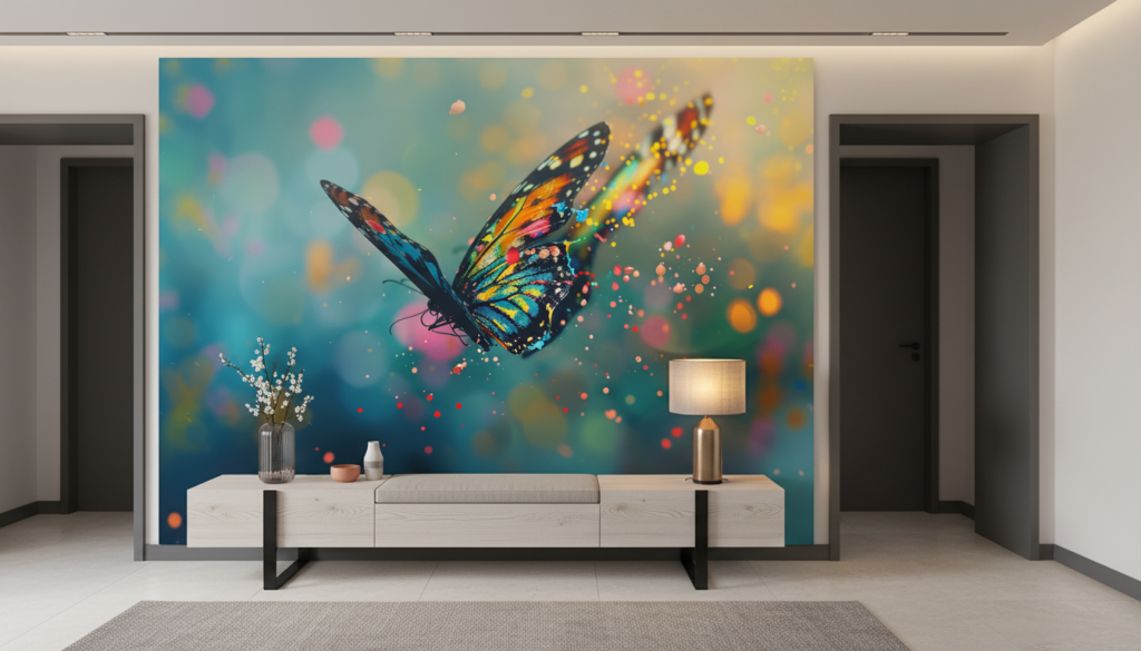 Papier peint artistique papillon multicolore effet peinture éclaboussures lumineuses - Entrée
