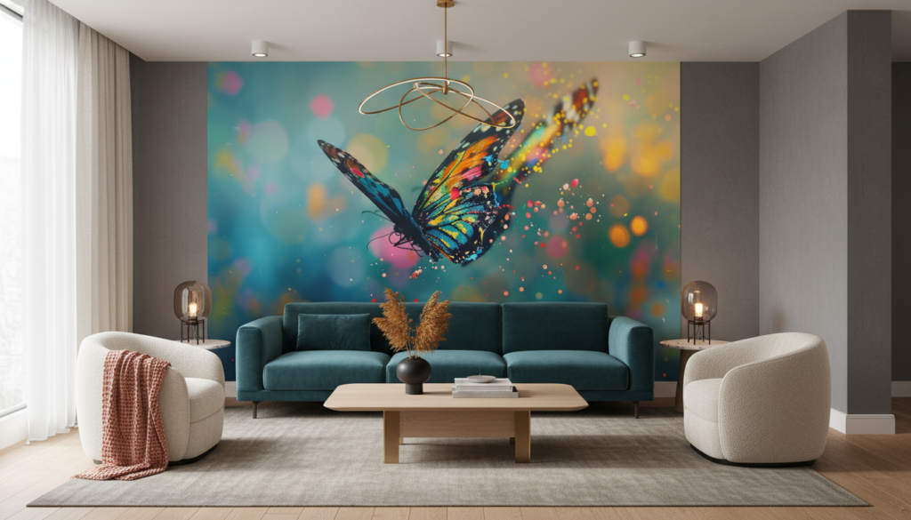 Papier peint artistique papillon multicolore effet peinture éclaboussures lumineuses - Salon / Séjour