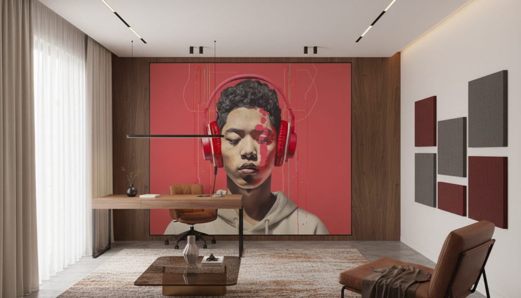 Papier peint artistique portrait femme casque rouge moderne contemporain - Bureau