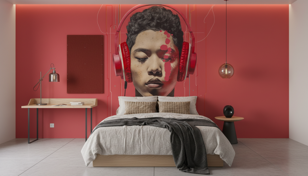 Papier peint artistique portrait femme casque rouge moderne contemporain - Chambre ado