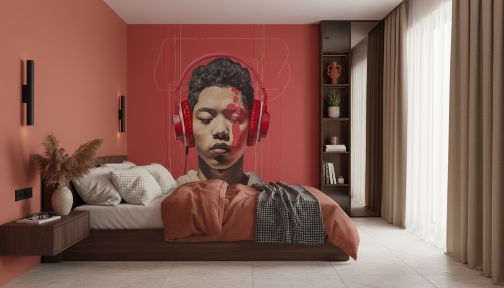 Papier peint artistique portrait femme casque rouge moderne contemporain - Chambre adulte