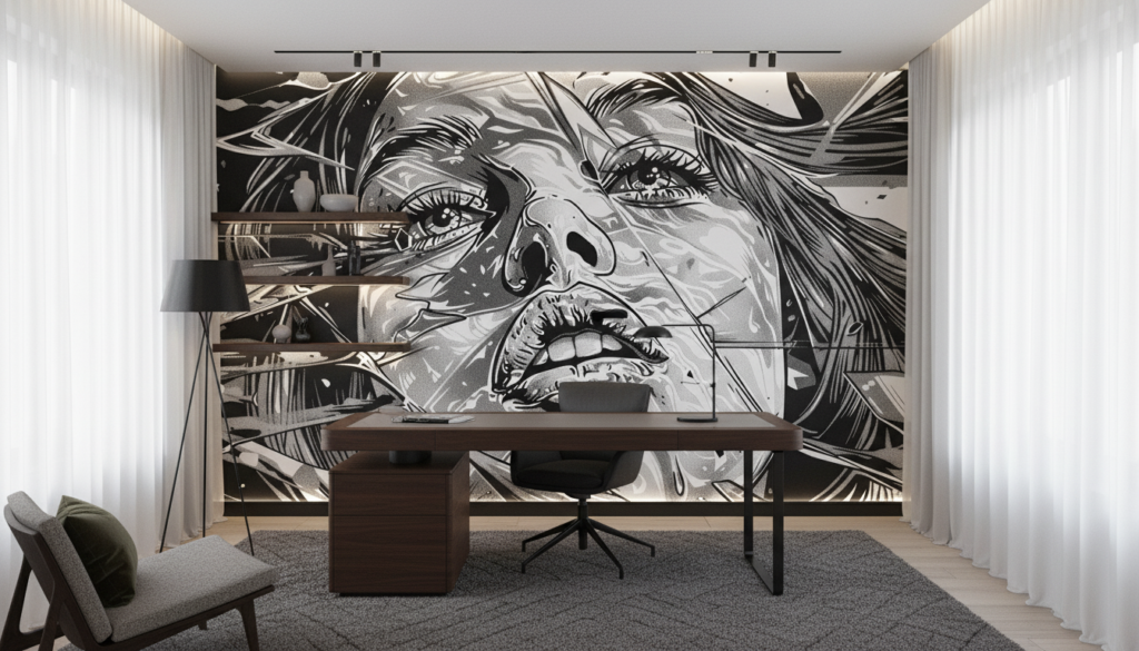 Papier Peint Artistique Portrait Femme Style Manga Noir et Blanc - Bureau