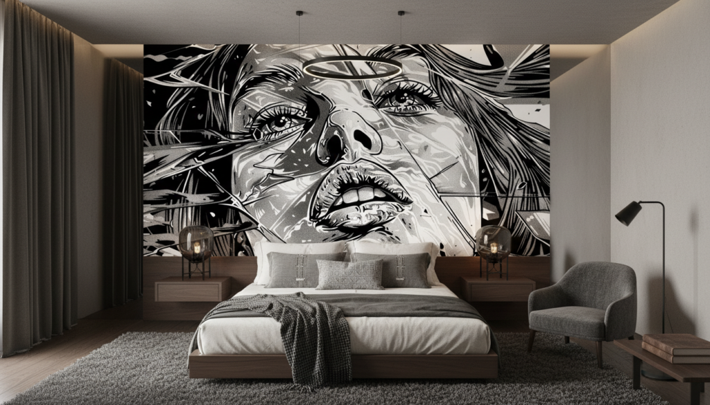 Papier Peint Artistique Portrait Femme Style Manga Noir et Blanc - Chambre adulte