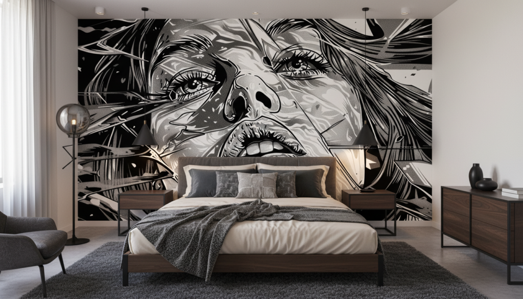 Papier Peint Artistique Portrait Femme Style Manga Noir et Blanc - Chambre adulte