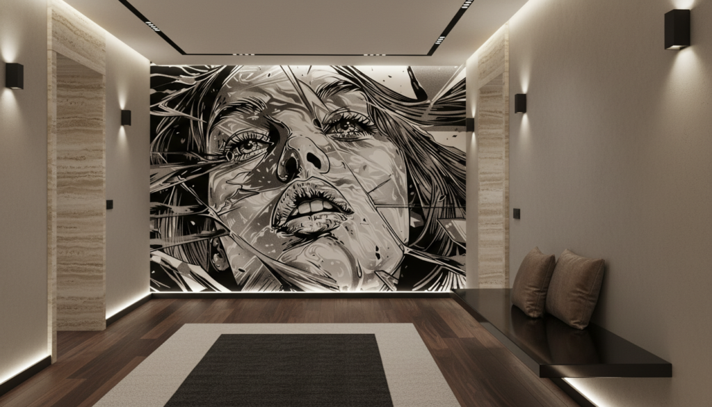 Papier Peint Artistique Portrait Femme Style Manga Noir et Blanc - Couloir