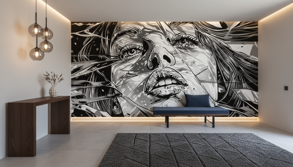 Papier Peint Artistique Portrait Femme Style Manga Noir et Blanc - Entrée