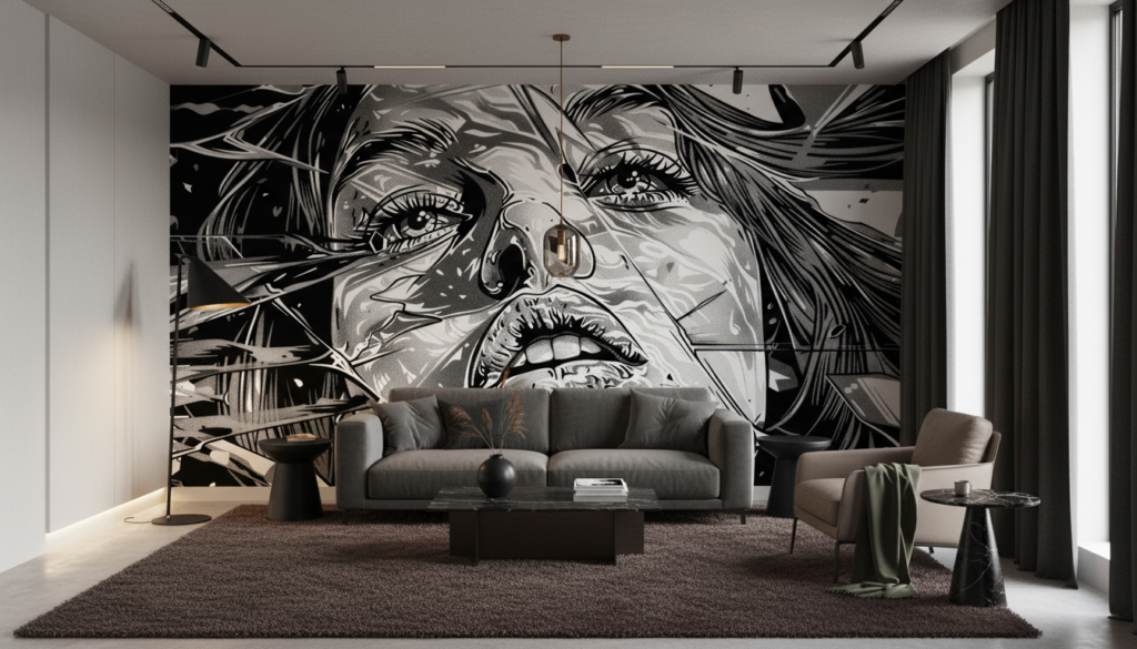 Papier Peint Artistique Portrait Femme Style Manga Noir et Blanc - Salon / Séjour