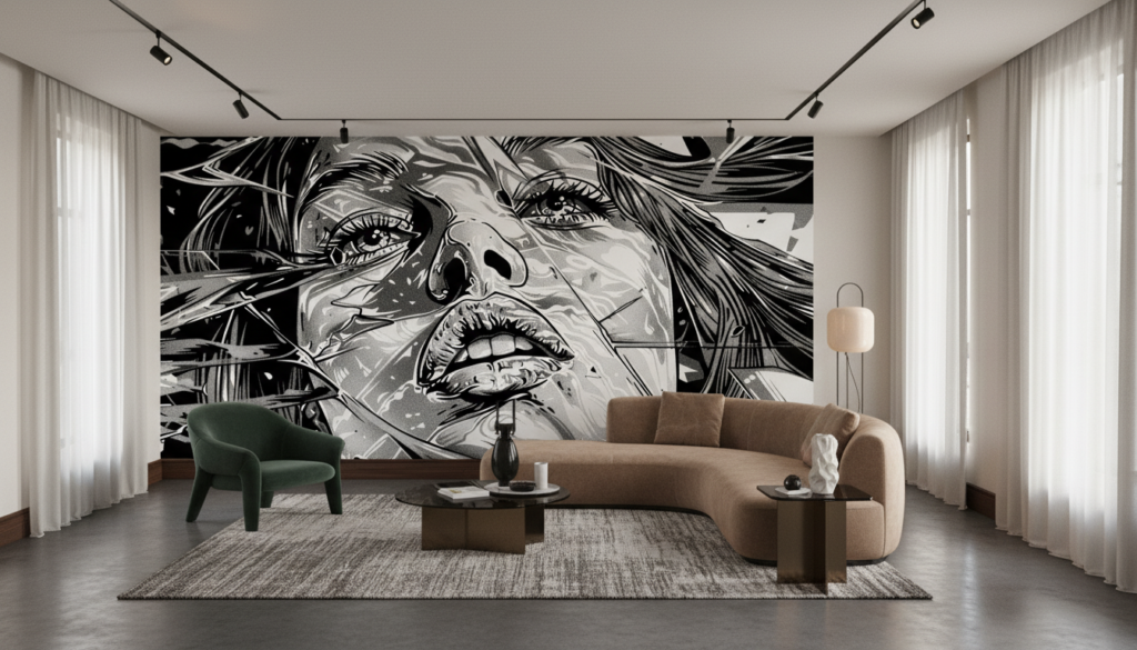 Papier Peint Artistique Portrait Femme Style Manga Noir et Blanc - Salon / Séjour