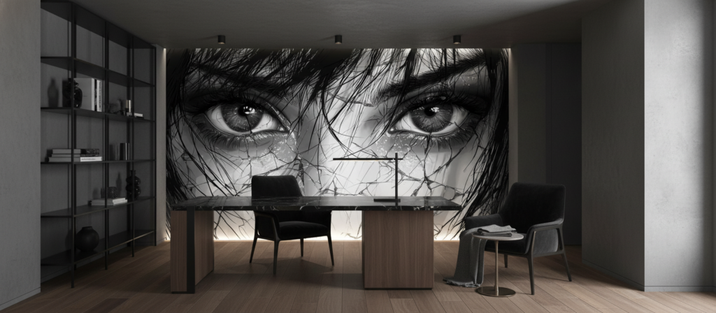 Papier peint artistique regard mystérieux aux yeux perçants noir et blanc - Bureau