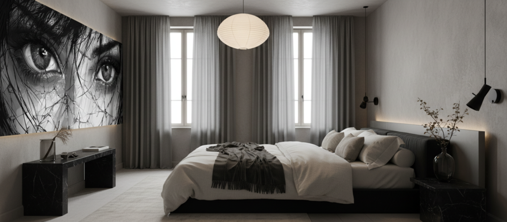 Papier peint artistique regard mystérieux aux yeux perçants noir et blanc - Chambre adulte