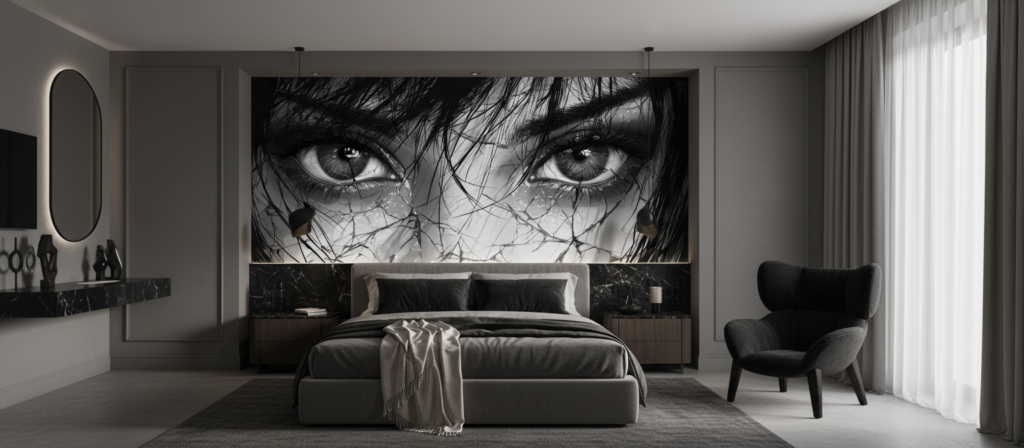 Papier peint artistique regard mystérieux aux yeux perçants noir et blanc - Hôtel