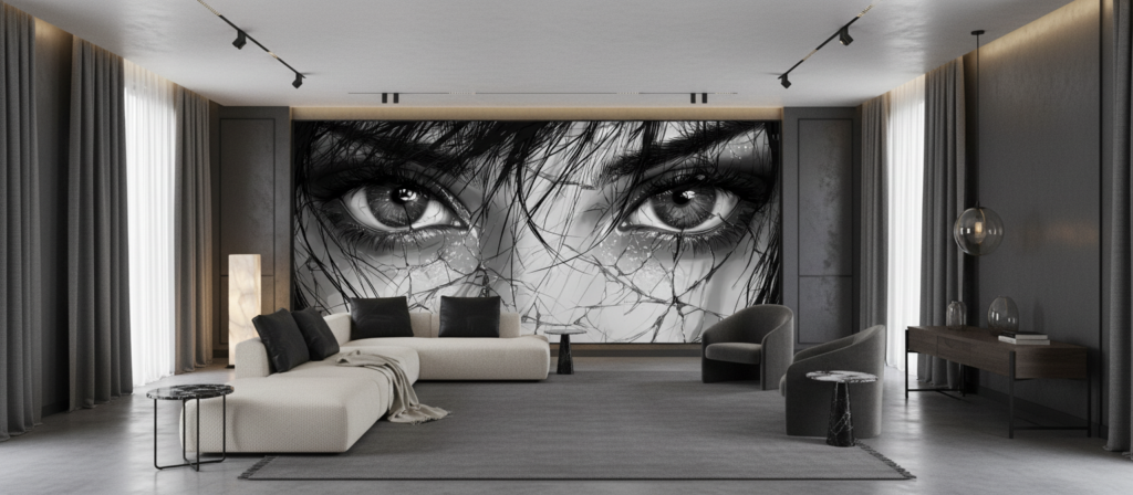 Papier peint artistique regard mystérieux aux yeux perçants noir et blanc - Salon / Séjour