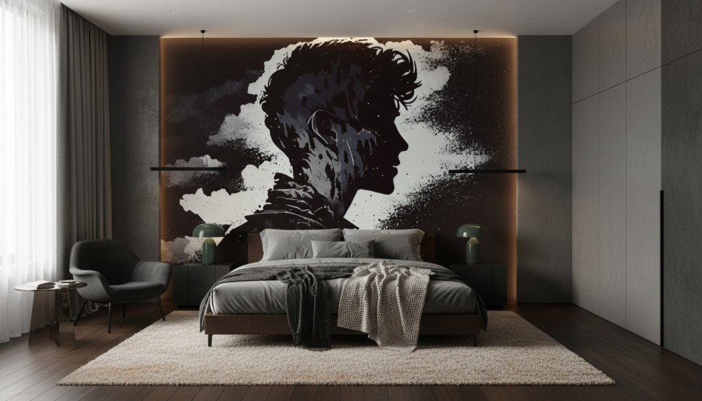 Papier peint artistique silhouette masculine effet grunge noir et blanc - Chambre adulte