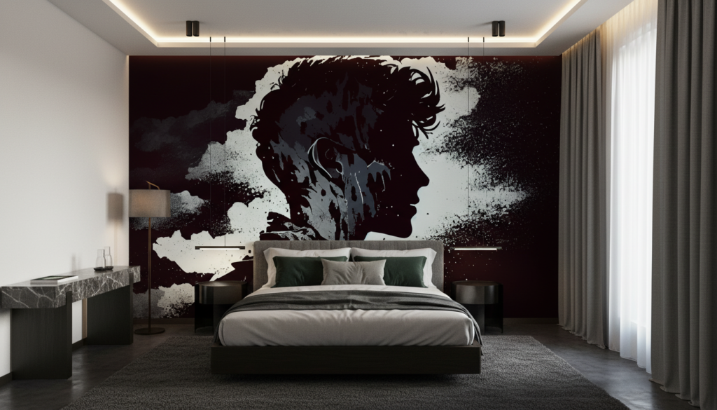 Papier peint artistique silhouette masculine effet grunge noir et blanc - Hôtel