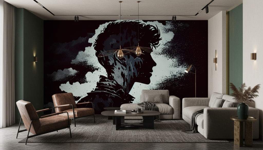 Papier peint artistique silhouette masculine effet grunge noir et blanc - Salon / Séjour