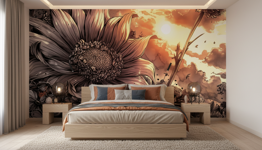 Papier Peint Artistique Tournesol Géant Coucher de Soleil Dramatique - Chambre adulte