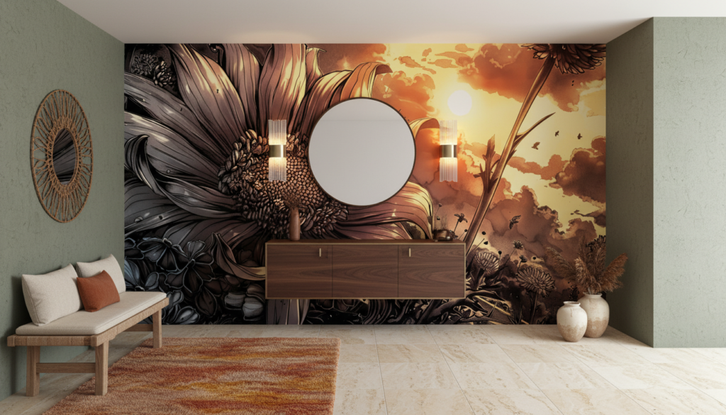 Papier Peint Artistique Tournesol Géant Coucher de Soleil Dramatique - Entrée