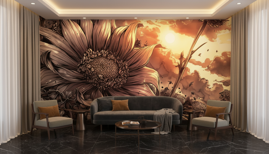 Papier Peint Artistique Tournesol Géant Coucher de Soleil Dramatique - Hôtel