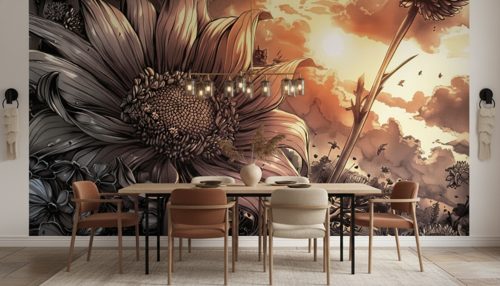 Papier Peint Artistique Tournesol Géant Coucher de Soleil Dramatique - Salle à manger