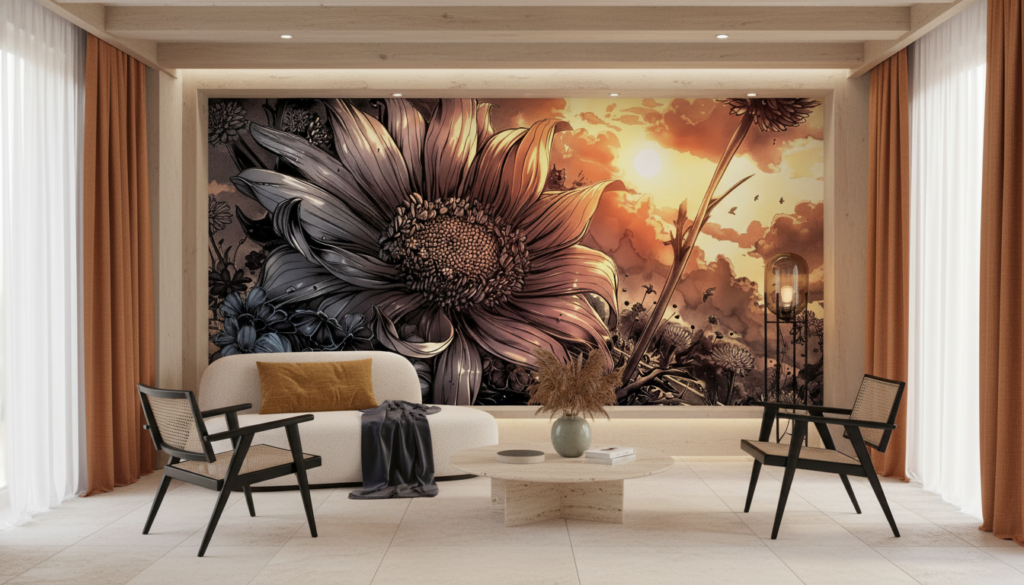 Papier Peint Artistique Tournesol Géant Coucher de Soleil Dramatique - Salon / Séjour