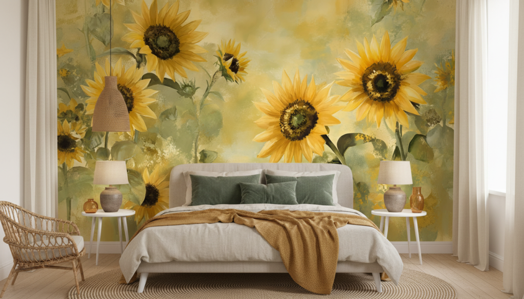 Papier peint artistique tournesols dorés style champêtre vintage - Chambre adulte