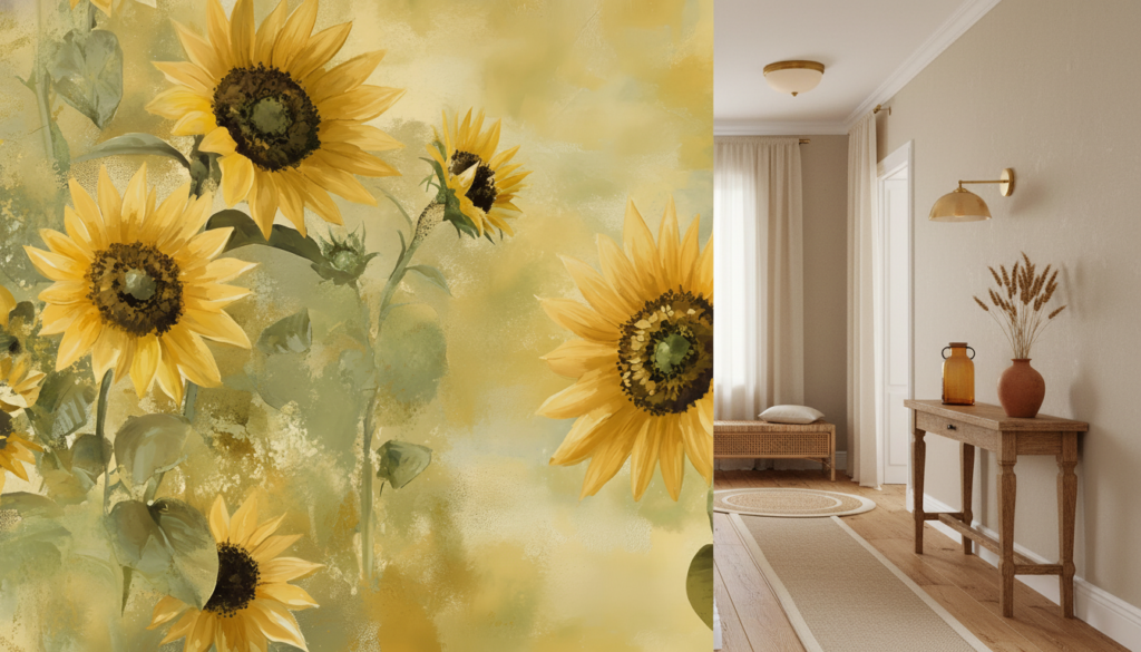 Papier peint artistique tournesols dorés style champêtre vintage - Couloir