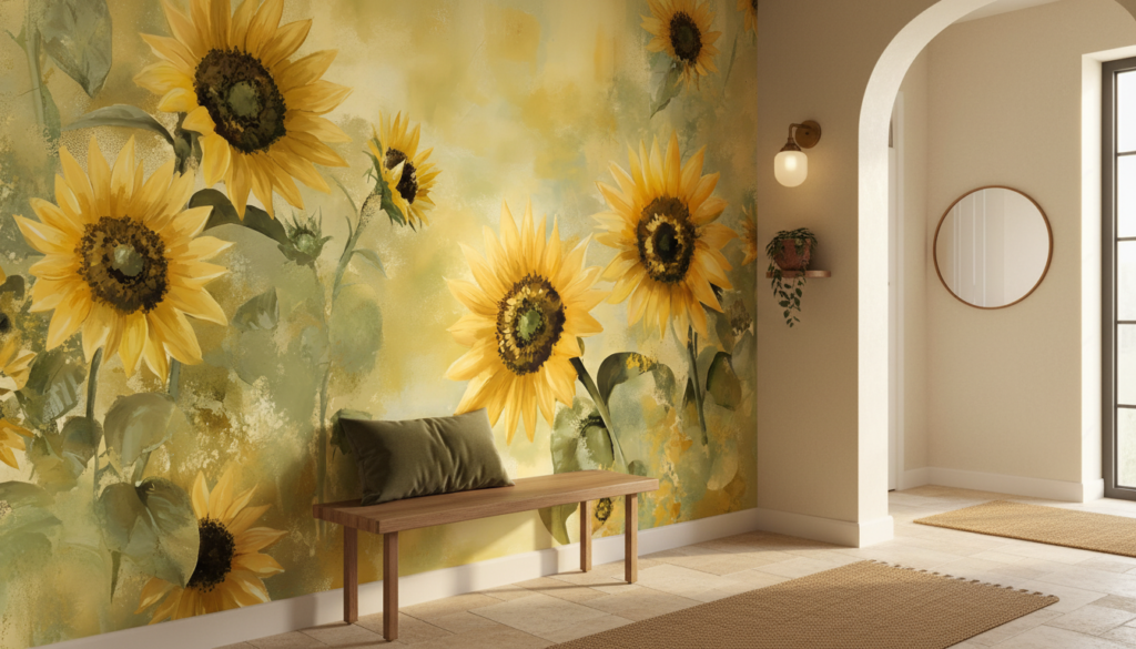 Papier peint artistique tournesols dorés style champêtre vintage - Entrée