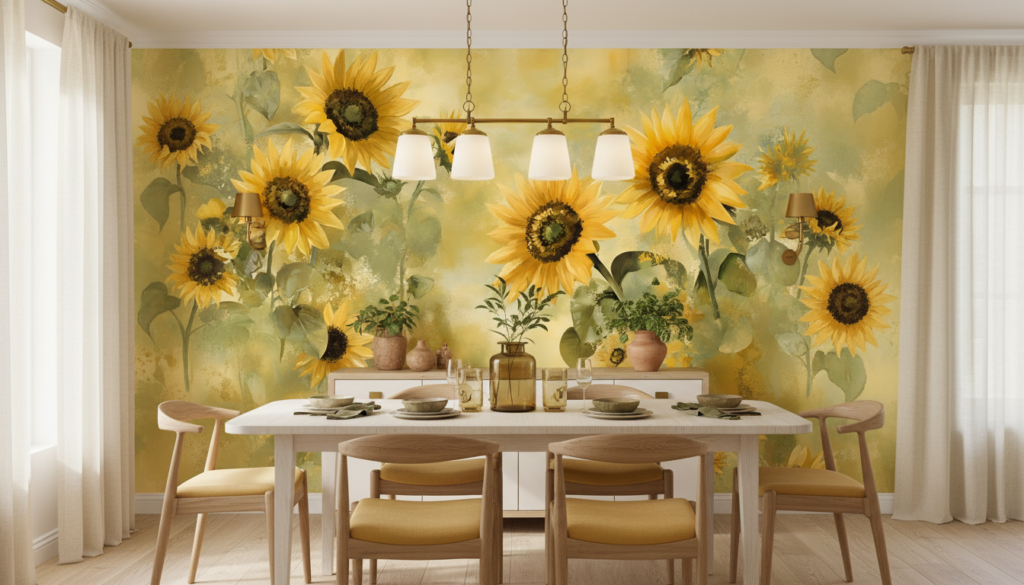 Papier peint artistique tournesols dorés style champêtre vintage - Salle à manger