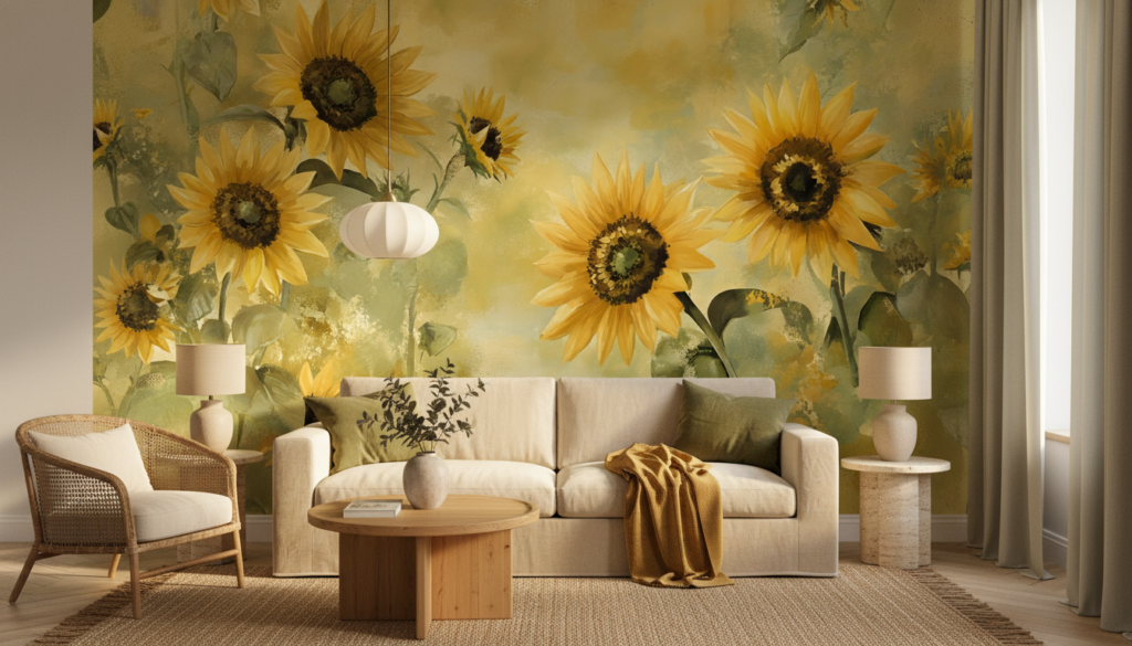 Papier peint artistique tournesols dorés style champêtre vintage - Salon / Séjour