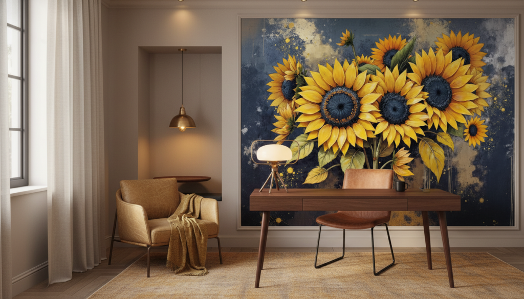 Papier Peint Artistique Tournesols Dorés Vintage sur Fond Texturé - Bureau
