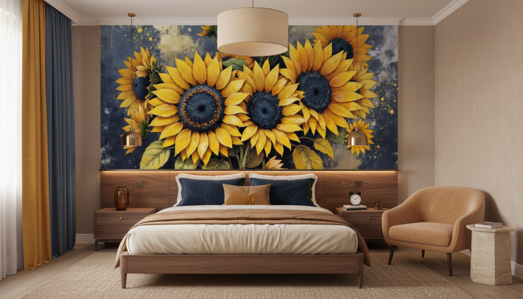 Papier Peint Artistique Tournesols Dorés Vintage sur Fond Texturé - Chambre adulte